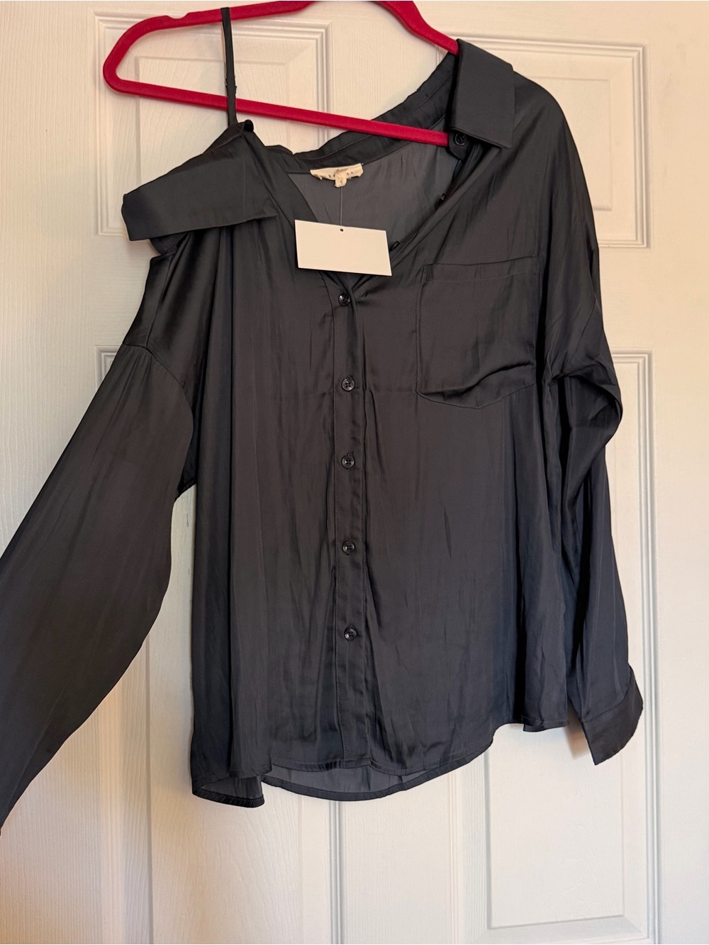 Off Shoulder Navy Satin Blouse